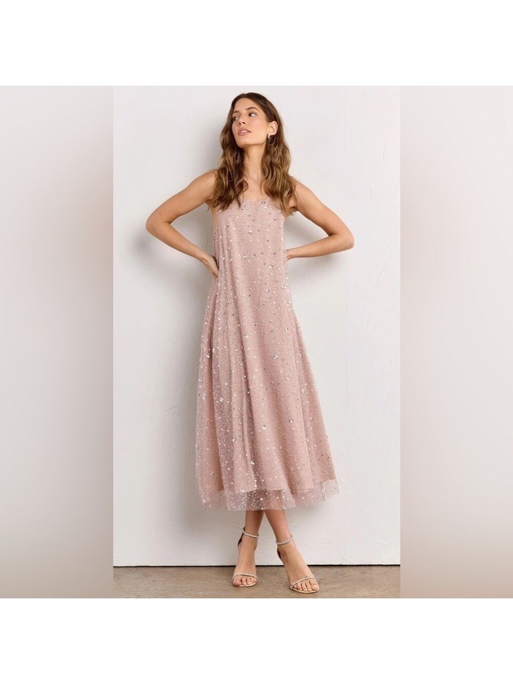 Just Me Sequin Embellished A-Line Relaxed Fit Sleeveless Mesh Overlay Midi Dress
